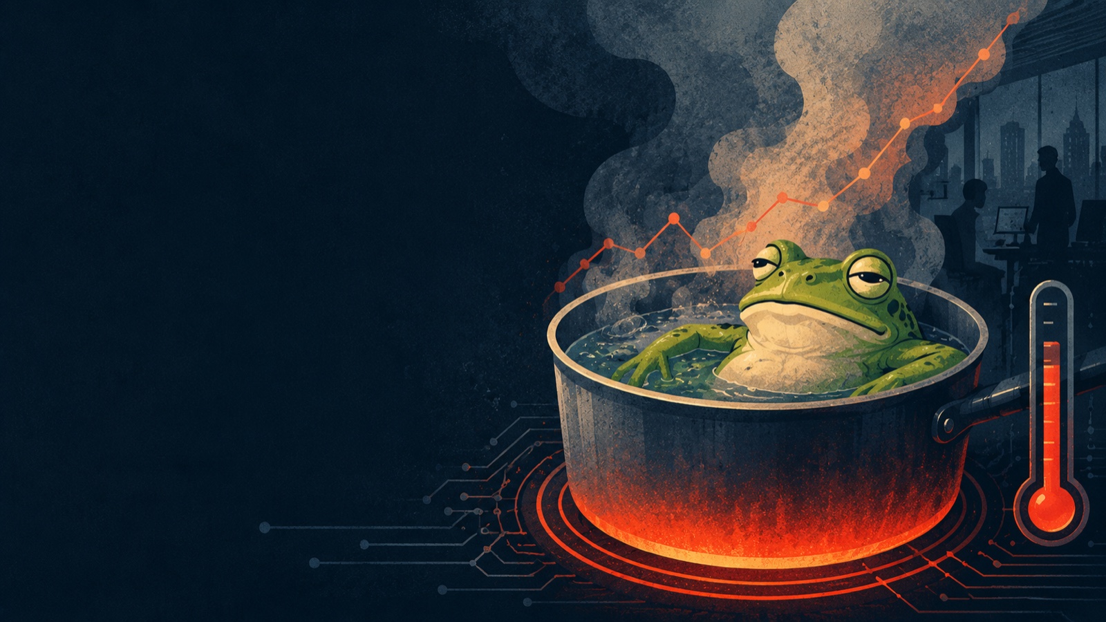 A frog sits calmly in a saucepan of water on a glowing red burner, smoke curling out, with a red line chart climbing in the background and a thermometer at the right.