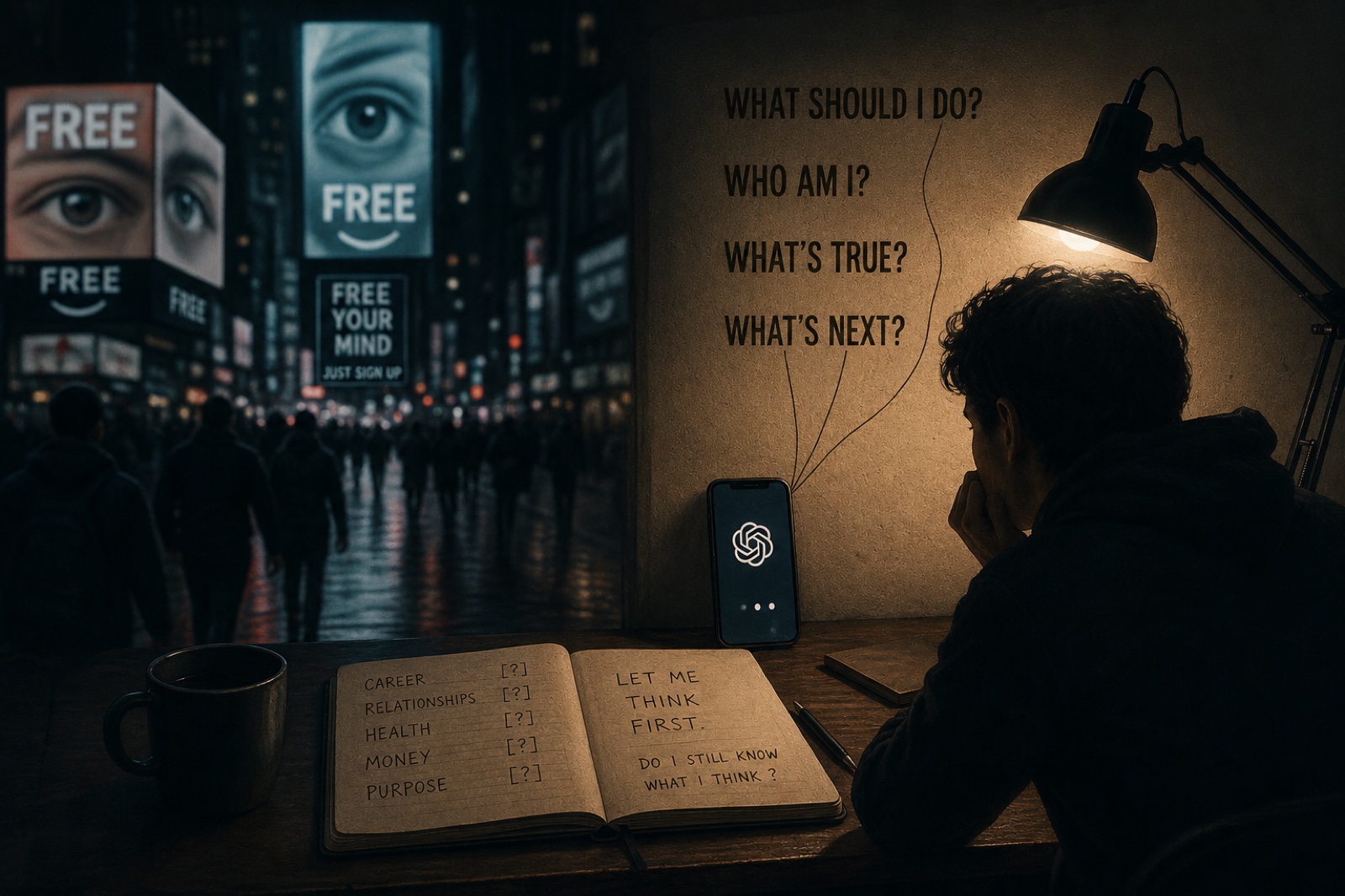 Editorial illustration. On the right, a person sits at a wooden desk under a warm lamp, looking thoughtfully at an open notebook. The notebook lists CAREER, RELATIONSHIPS, HEALTH, MONEY, PURPOSE with empty brackets next to each, and the right page reads "LET ME THINK FIRST. DO I STILL KNOW WHAT I THINK?". A phone with the OpenAI logo sits between the notebook and the wall, where four questions hang: WHAT SHOULD I DO, WHO AM I, WHAT'S TRUE, WHAT'S NEXT. Through the window on the left, a wet city street fills with crowds walking under enormous billboards that say FREE, with eyes above them and one reading FREE YOUR MIND, JUST SIGN UP.