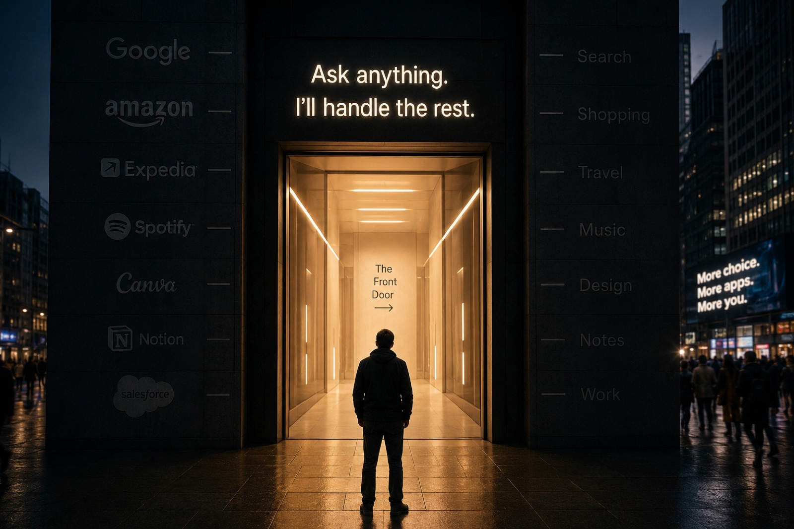 Editorial illustration. A massive dark monolithic facade stands in a city plaza at dusk. Glowing letters above an open warm-lit doorway read "Ask anything. I'll handle the rest." Inside the doorway a sign reads "The Front Door" with a right-pointing arrow. A solitary figure stands in front of the entrance. On the left wall, the dimmed logos of Google, Amazon, Expedia, Spotify, Canva, Notion and Salesforce. On the right wall, the labels Search, Shopping, Travel, Music, Design, Notes and Work. In the distance on the right, a billboard reads "More choice. More apps. More you."