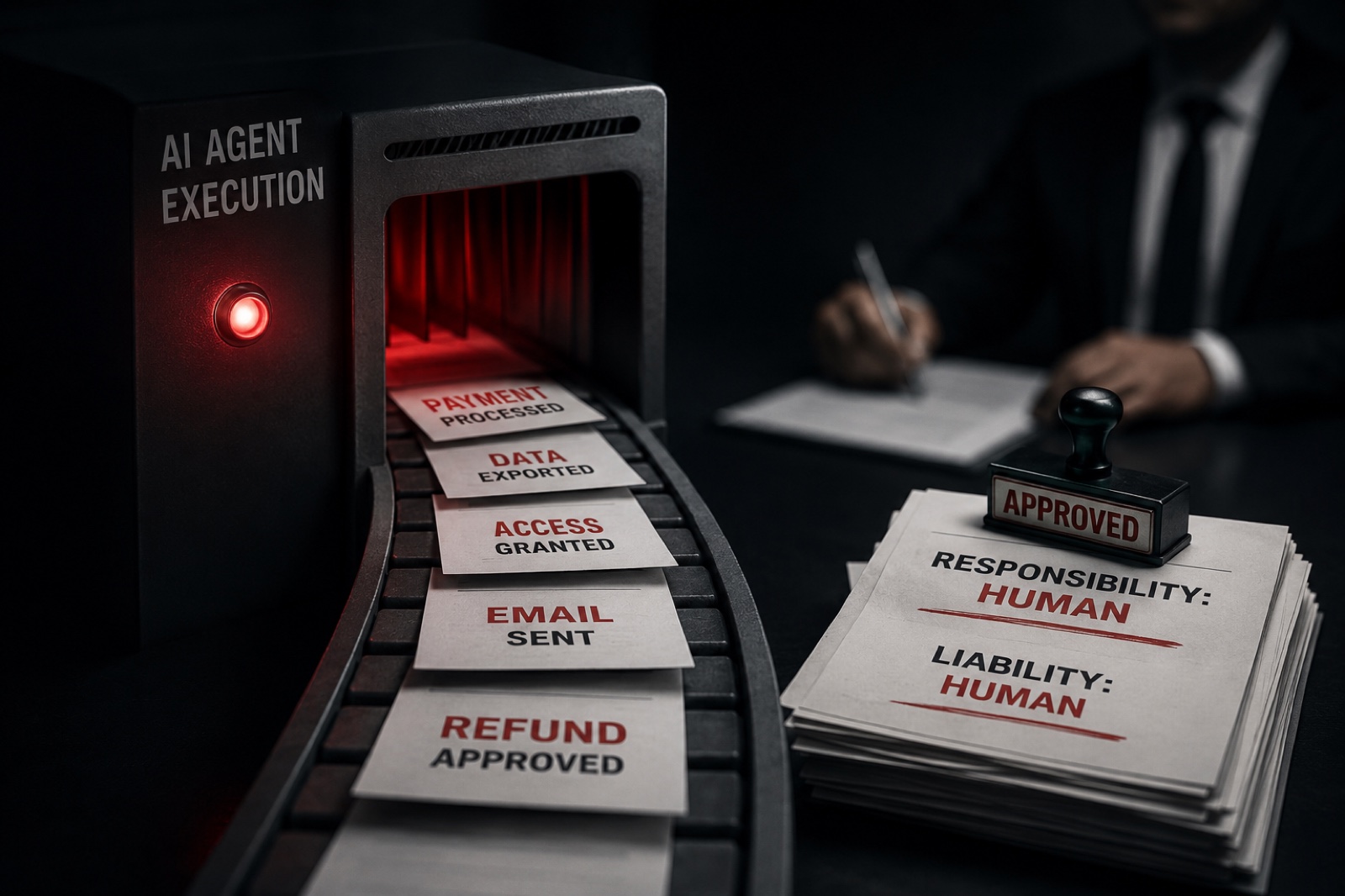 Editorial illustration. On the left, a black machine labelled AI AGENT EXECUTION with a red indicator light feeds a conveyor belt of paper cards stamped PAYMENT PROCESSED, DATA EXPORTED, ACCESS GRANTED, EMAIL SENT and REFUND APPROVED. On the right, a man in a suit signs documents under an APPROVED rubber stamp, beside a stack of papers reading RESPONSIBILITY: HUMAN and LIABILITY: HUMAN.