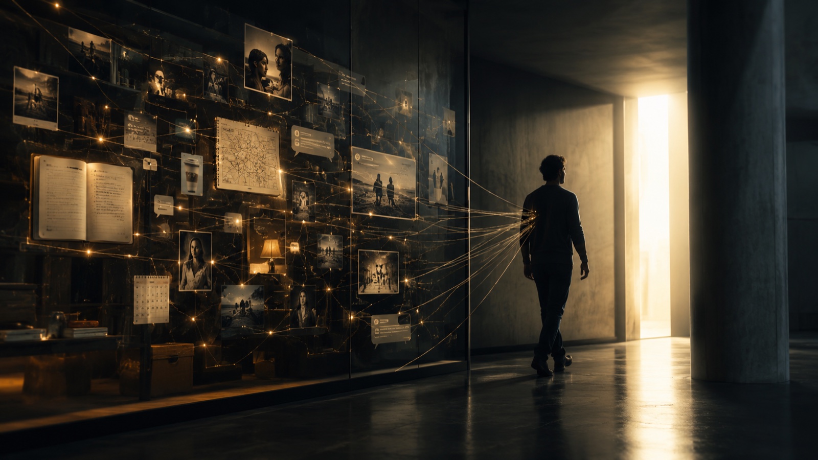 Editorial illustration. A man walks toward a bright doorway on the right of the frame. From his back, dozens of glowing golden threads stretch back across the room to a large dark wall on the left. The wall is covered in pinned photographs, handwritten notes, a calendar, a map, an open notebook, chat-bubble screenshots and small objects from his life, all interconnected by the same threads. The doorway is open, but the threads are taut, tethering him to the wall of accumulated personal context behind him.