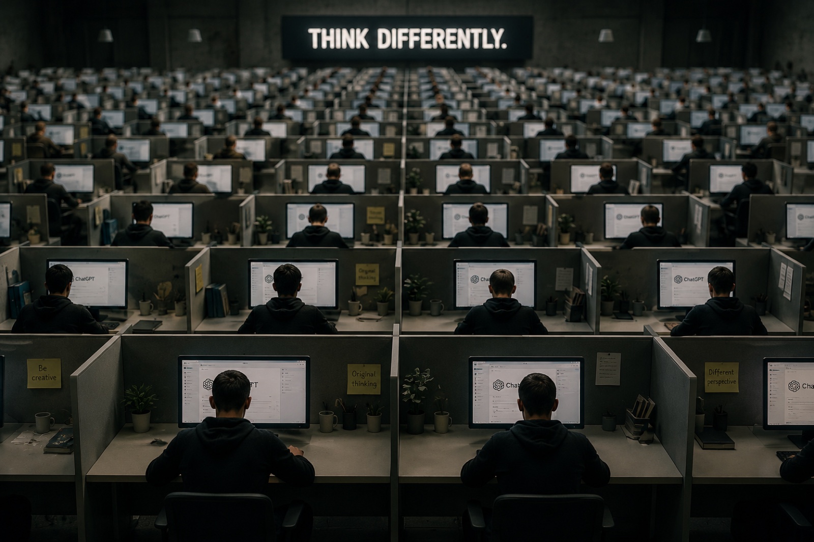 Editorial illustration. An enormous open-plan office stretches into the distance, filled with row after row of identical hooded figures sitting at identical desks, each in front of an identical monitor showing the ChatGPT interface. Above them, a wall-sized illuminated sign reads THINK DIFFERENTLY in white capitals. Yellow sticky notes on the cubicle walls say Be creative, Original thinking and Different perspective. Every workstation looks the same.