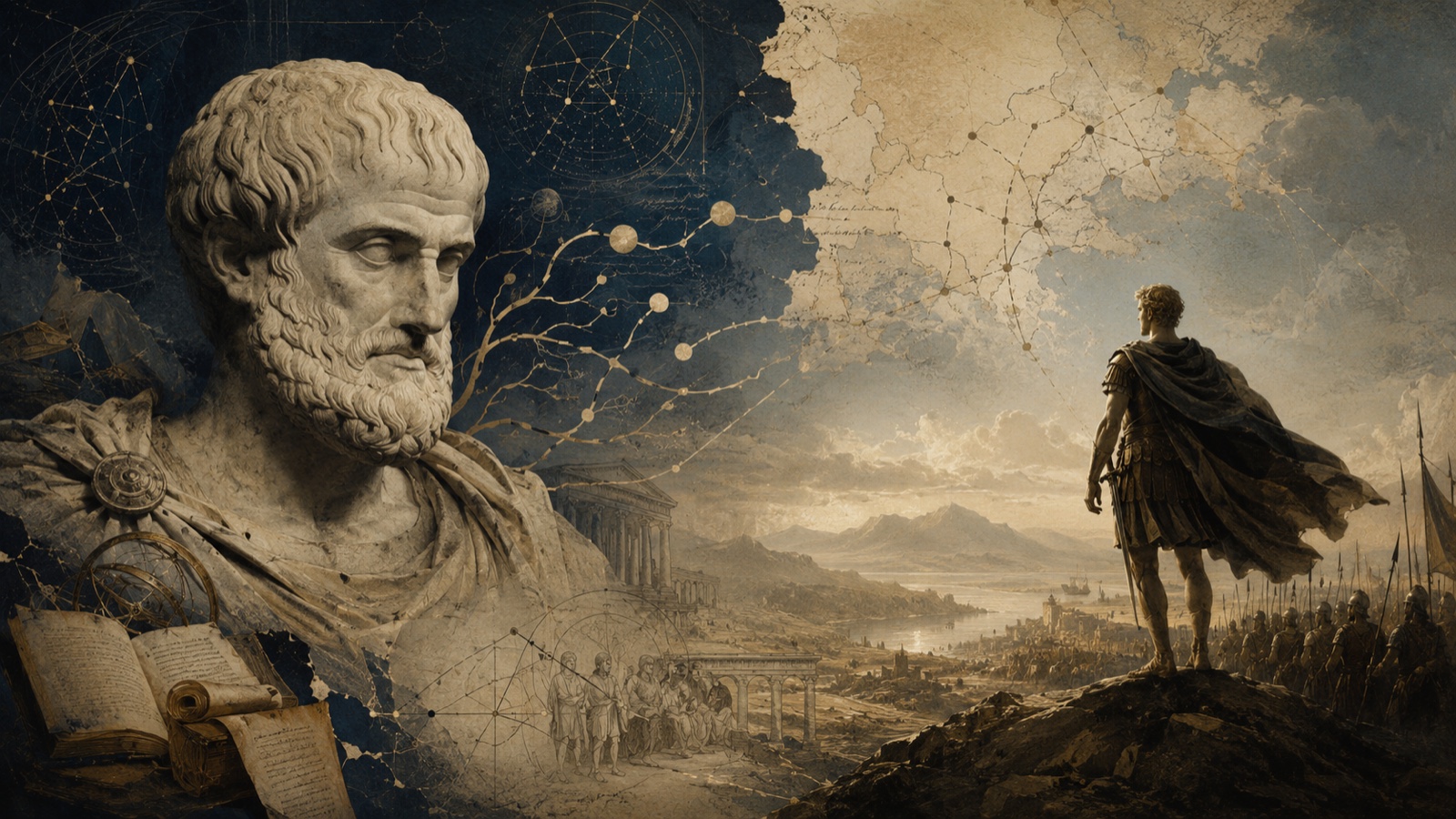 A marble bust of Aristotle on the left, surrounded by classical scrolls, an astrolabe and constellation networks fading into a starry sky. On the right, a young Alexander in armour and cloak stands on a rocky outcrop overlooking a landscape and a column of soldiers below.