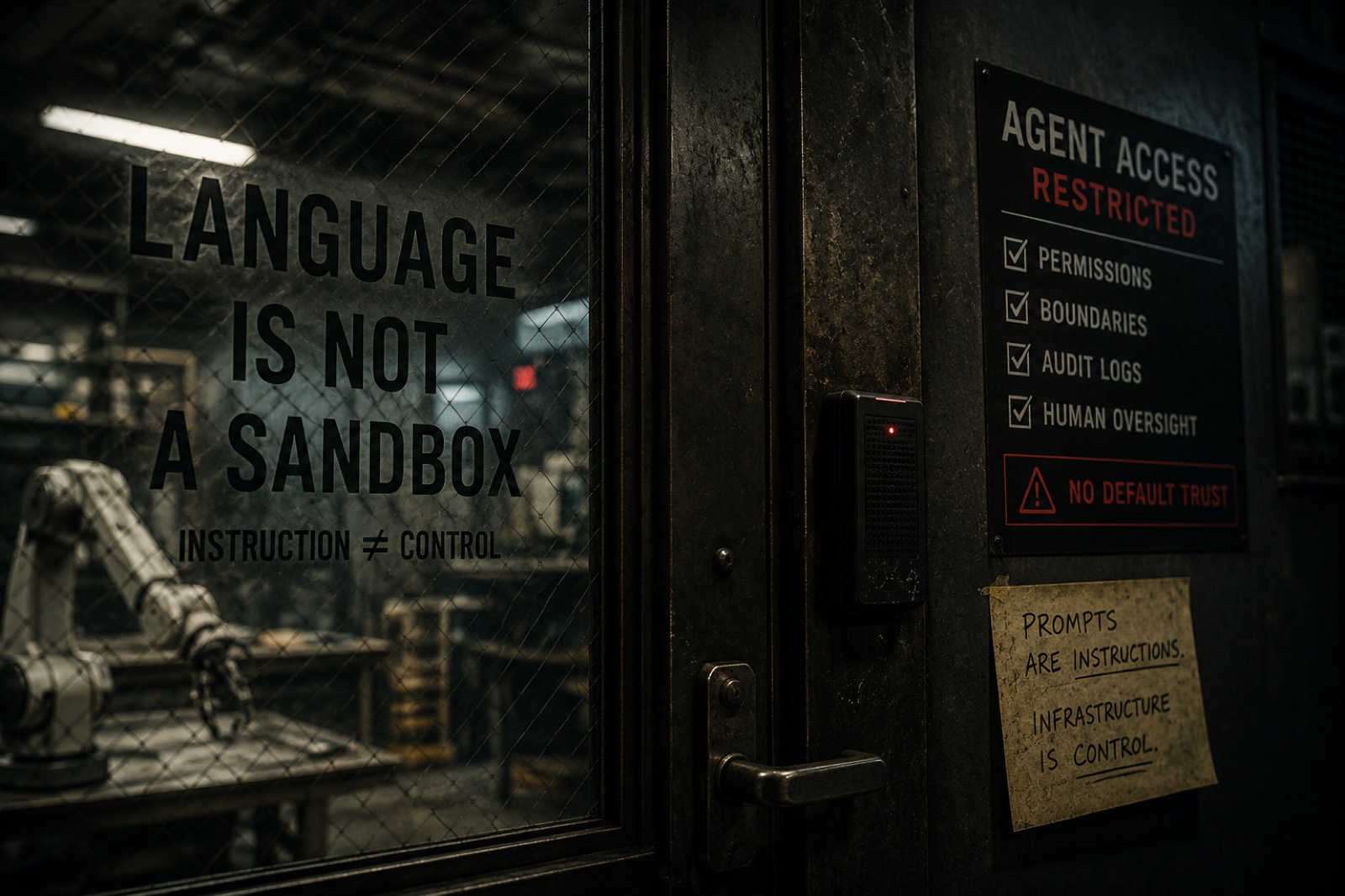 Editorial illustration. On the left, a wire-mesh industrial window looks into a dim workshop with a robotic arm. Large text on the glass reads "Language is not a sandbox" with the subtitle "Instruction does not equal control." On the right, a heavy reinforced door with a card reader. A sign reads "Agent access restricted" with ticked checkboxes for Permissions, Boundaries, Audit logs and Human oversight, and a red warning panel reading "No default trust." Below it, a small taped paper note reads in handwriting: "Prompts are instructions. Infrastructure is control."