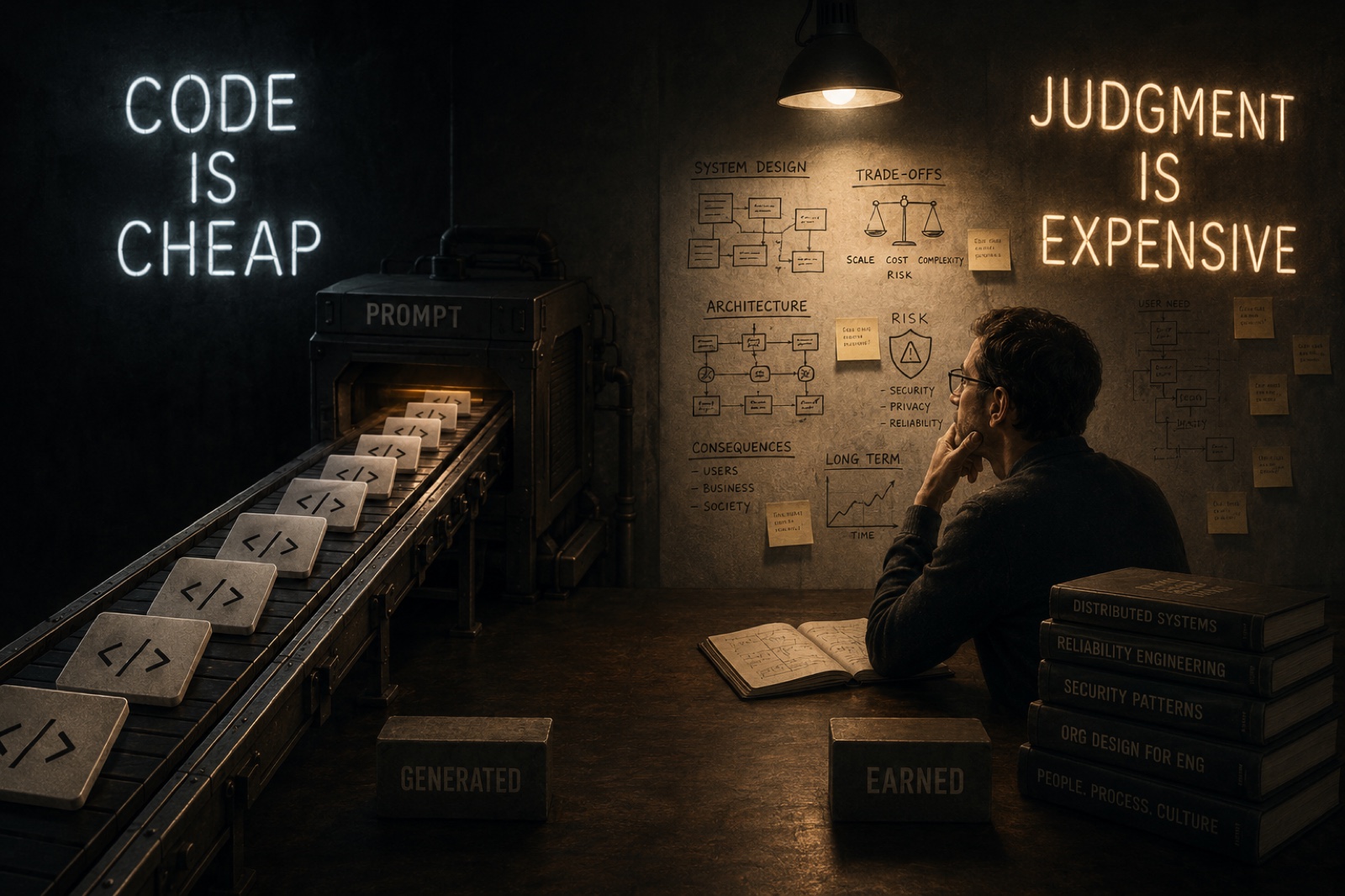 Editorial illustration. On the left, a factory conveyor belt streams identical code tiles out of a machine labelled PROMPT, under a neon sign reading CODE IS CHEAP, with a crate labelled GENERATED. On the right, a man at a desk studies a wall covered in hand-drawn diagrams for system design, trade-offs, architecture, risk, consequences, long term and user need, with a stack of books on distributed systems, reliability engineering, security patterns, org design and culture, beside a crate labelled EARNED, under a neon sign reading JUDGMENT IS EXPENSIVE.