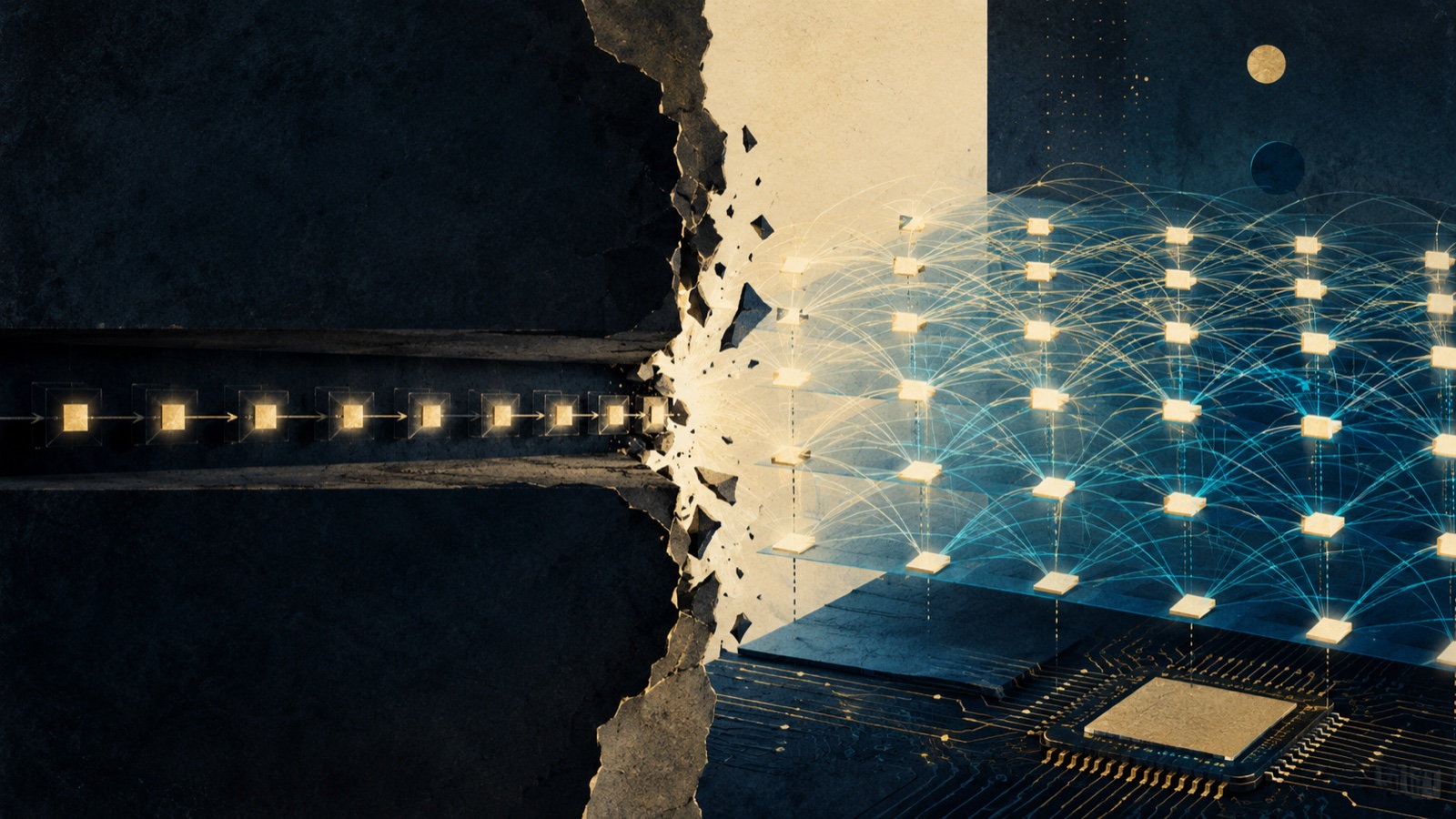 On the left, a row of glowing blocks connected by arrows sits inside a dark stone slab, representing sequential recurrent computation. A jagged crack splits the slab. On the right, a luminous grid of glowing nodes connected by arching lines extends across a circuit board, representing fully parallel self-attention.