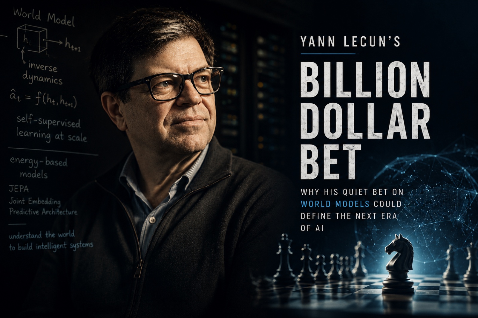 Editorial hero illustration. Yann LeCun in glasses and a dark jacket stands in front of a chalkboard covered in equations and notes about world models, inverse dynamics, self-supervised learning at scale, energy-based models, and joint embedding predictive architecture. On the right, a chessboard with pieces sits in front of a glowing globe of networked nodes, under the title 'Yann LeCun's Billion Dollar Bet, why his quiet bet on world models could define the next era of AI'.